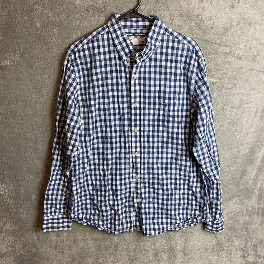 Old Navy Mens Large Classic Shirt Blue Plaid Regular Fit
